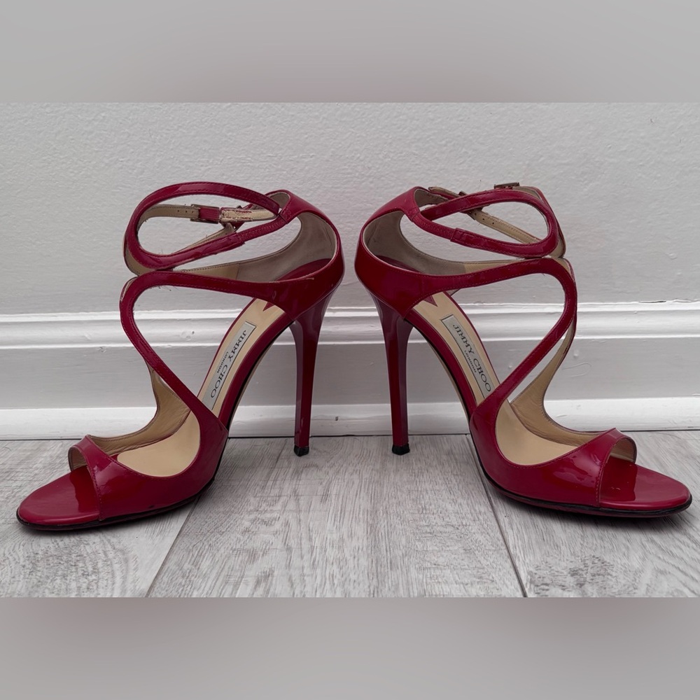 JIMMY CHOO Patent Leather Double Buckle Ankle Strap Cage Heels Sandals Size 37.5